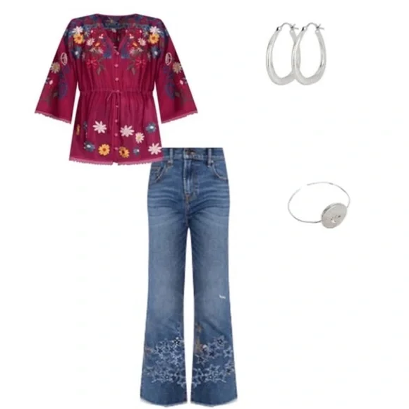 Johnny Was Magenta Floral Embroidered Blouse